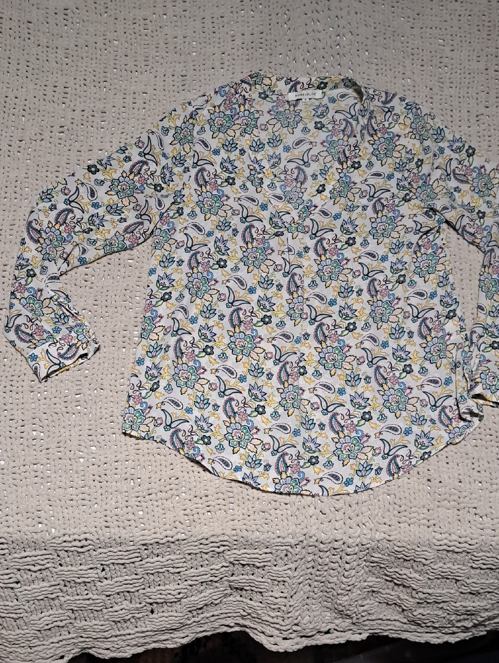 378 - Rose & Olive Paisley And  Floral Button-Up Shirt - White with Blue & Green